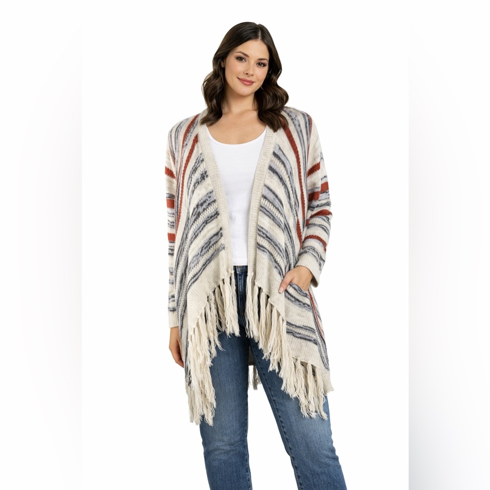 Signature Studio Women Sweater Cardigan Crochet Knit Gray Brown Boho Large